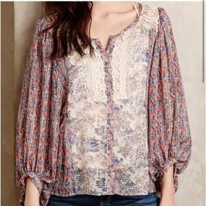 Anthropologie HD in Paris Chinoiserie Peasant Blouse Top Size 4